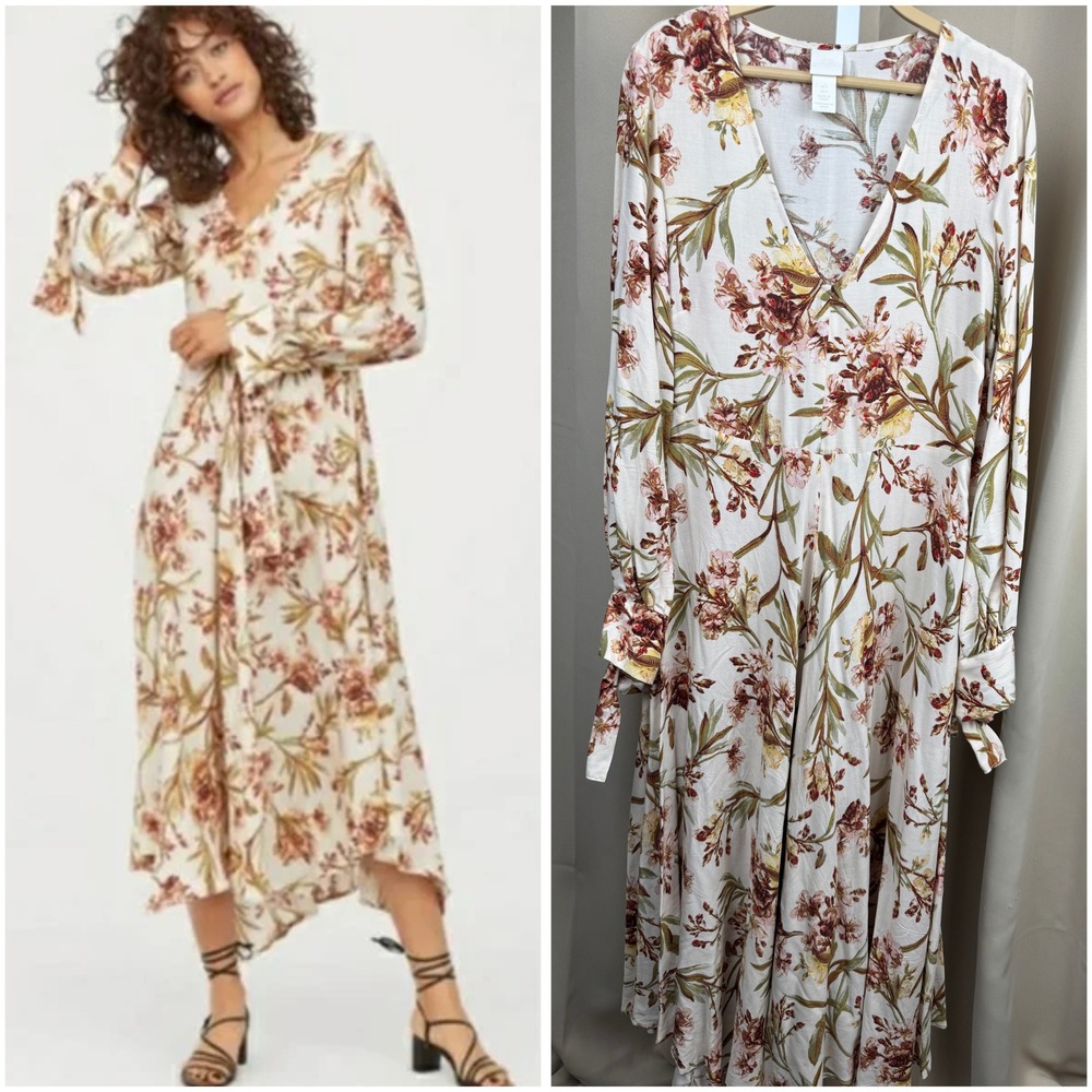 H&M Floral Maxi Dress Women's‎ US 6 Long Sleeve Tie Cuffs Boho Cottagecore